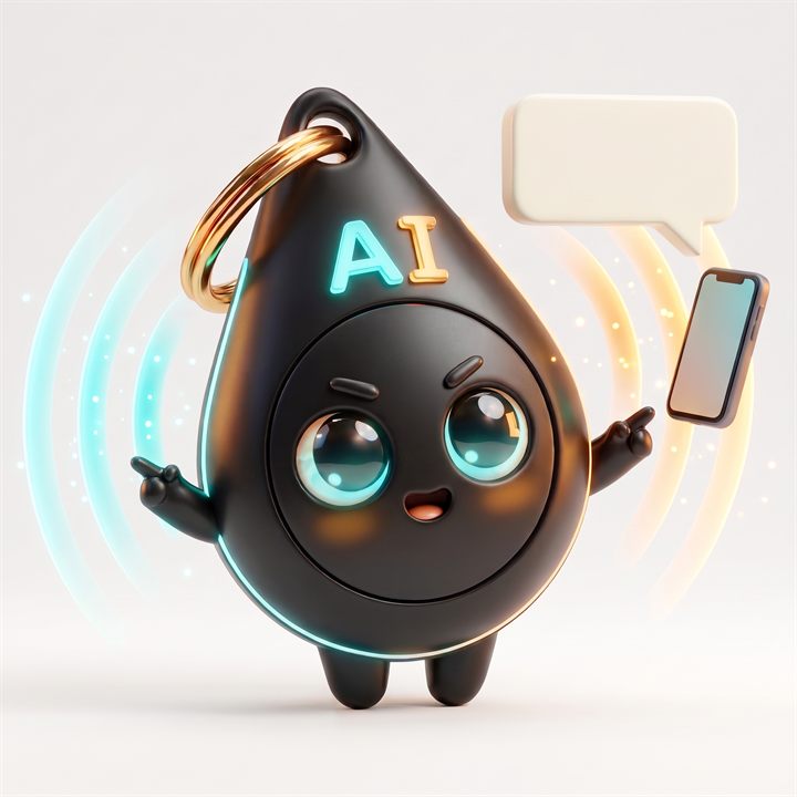 Ayu, la placa AYUDAI con cara, enviando ondas de aviso hacia un celular